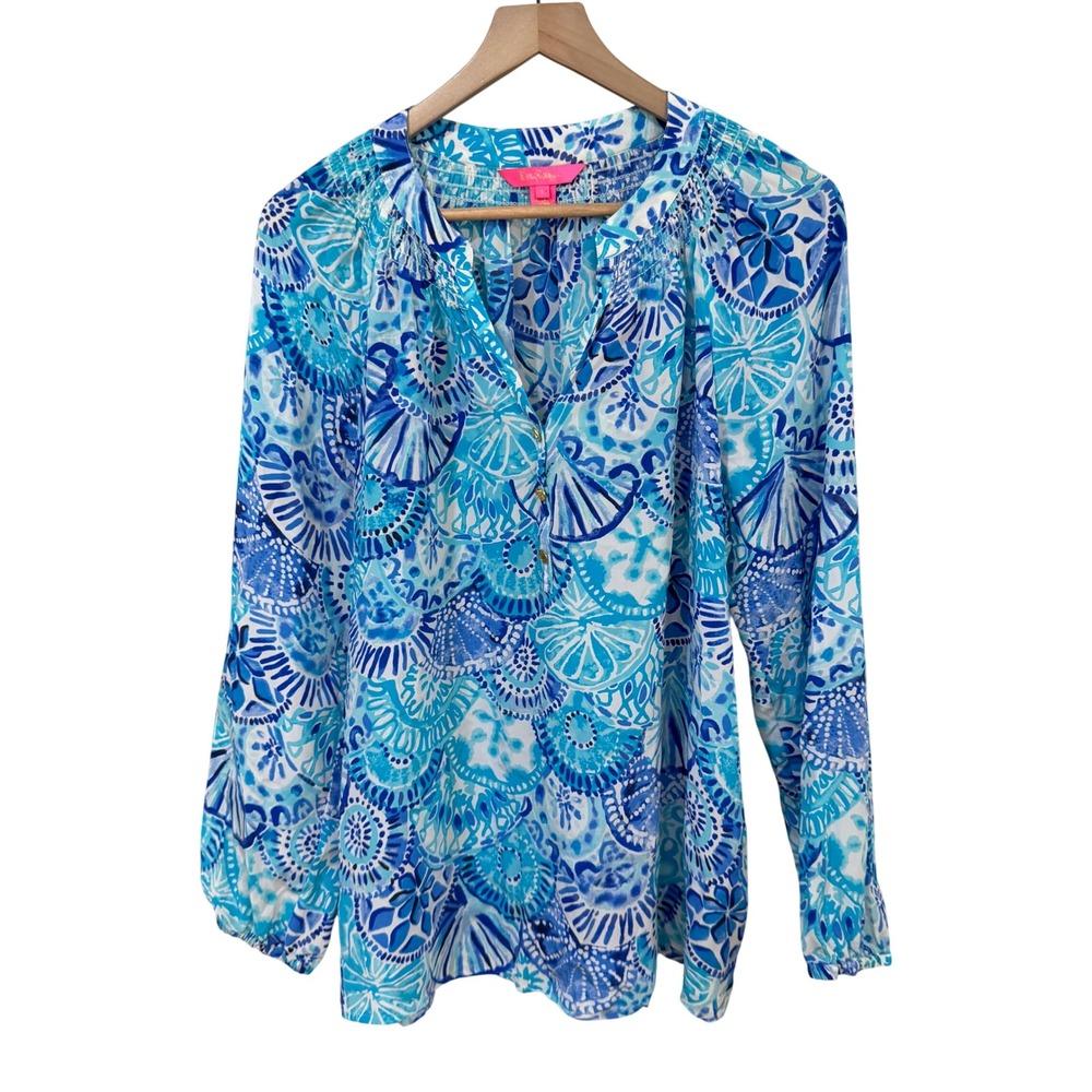 Lilly Pulitzer Elsa Blouse Large Blue White Silk Seashell Print Long Sleeve Top